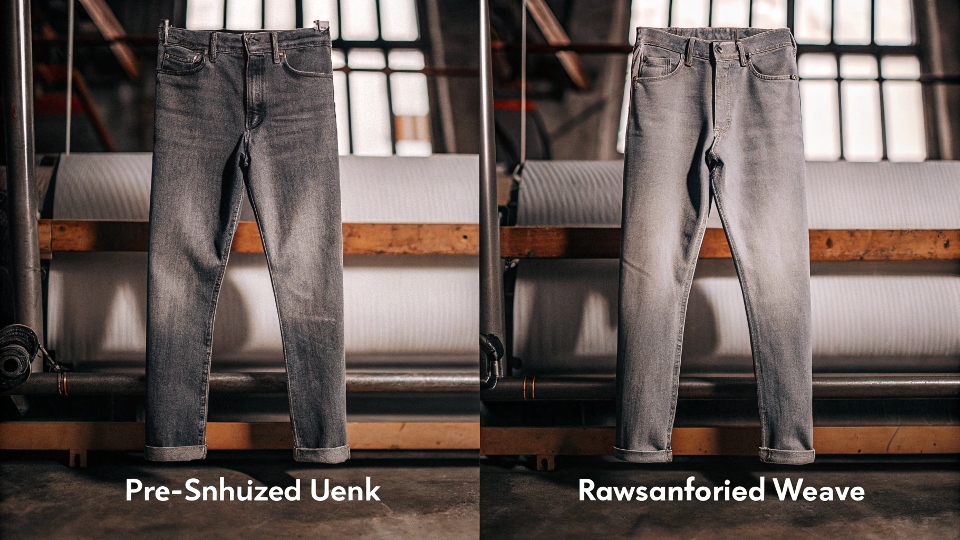Controlling Shrinkage in Different Types of Denim A diagram showing the difference between a sanforized (pre-shrunk) and unsanforized (raw) denim weave