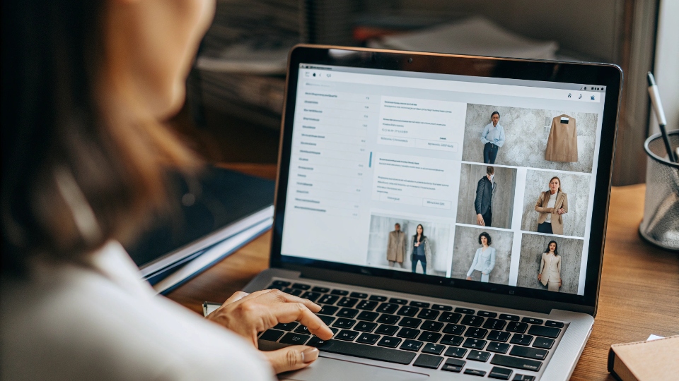 A person at a computer carefully reviewing a manufacturer's profile on a B2B website like Alibaba