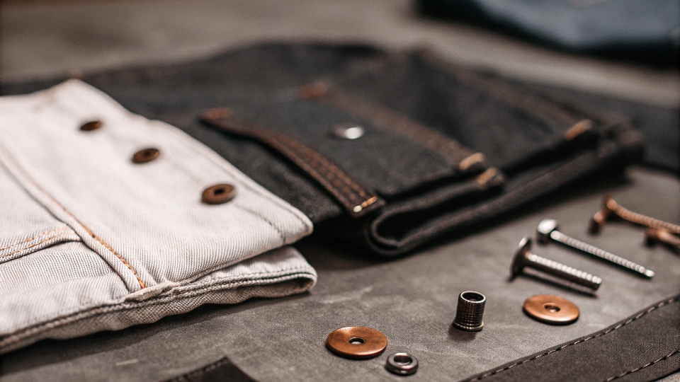 An assortment of denim fabric, rivets, buttons, and leather patches