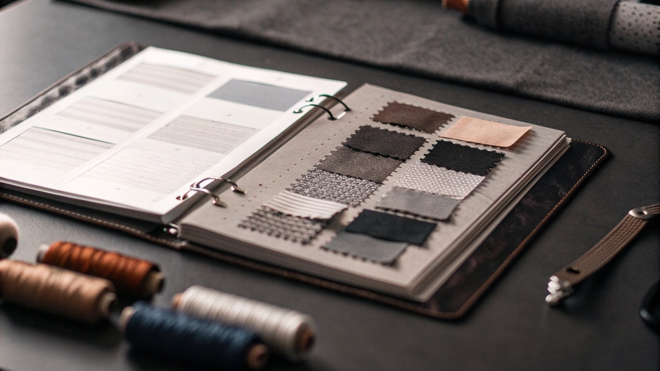 A designer's tech pack opened on a desk, showing specs for fabric, trims, and stitching