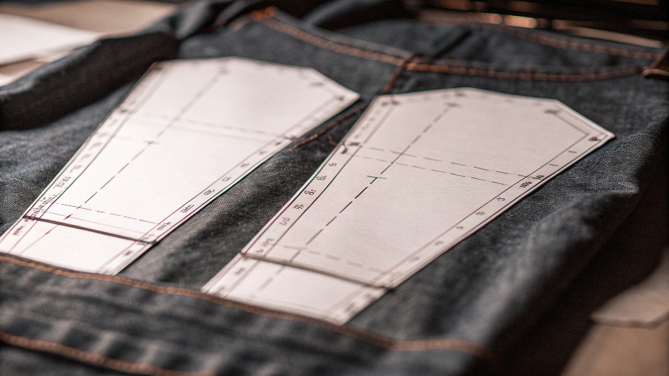 Sewing pattern pieces for jeans laid out on denim fabric