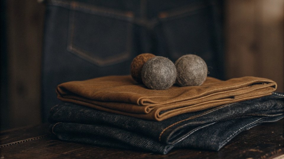 Three wool dryer balls sitting on top of a folded pair of stiff raw denim jeans