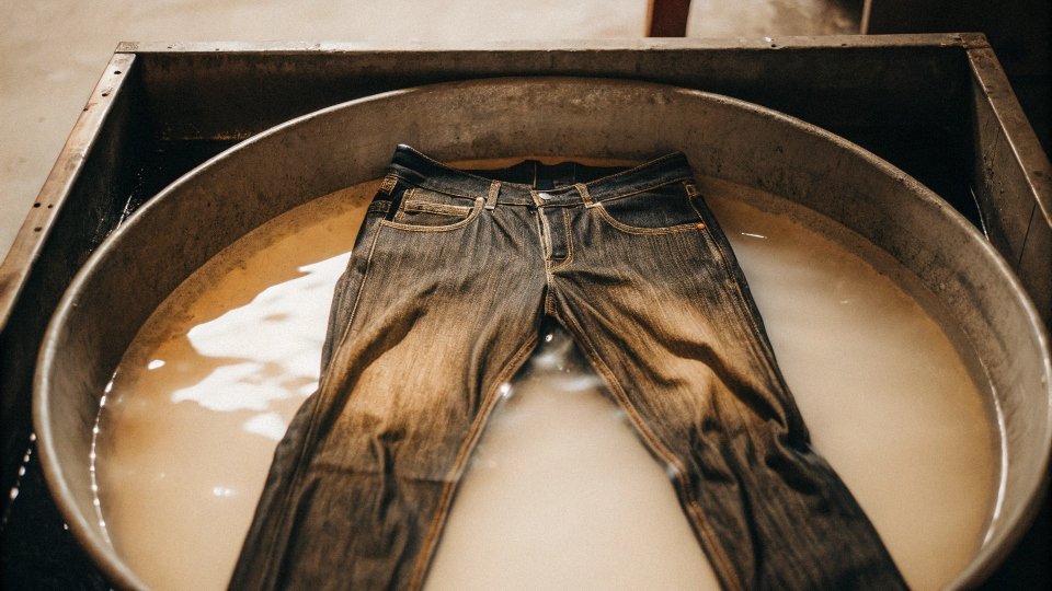 A pair of jeans soaking in a basin of water before being washed.