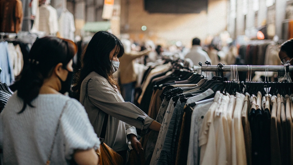 A bustling scene inside a wholesale clothing market with racks of clothes and buyers inspecting garments