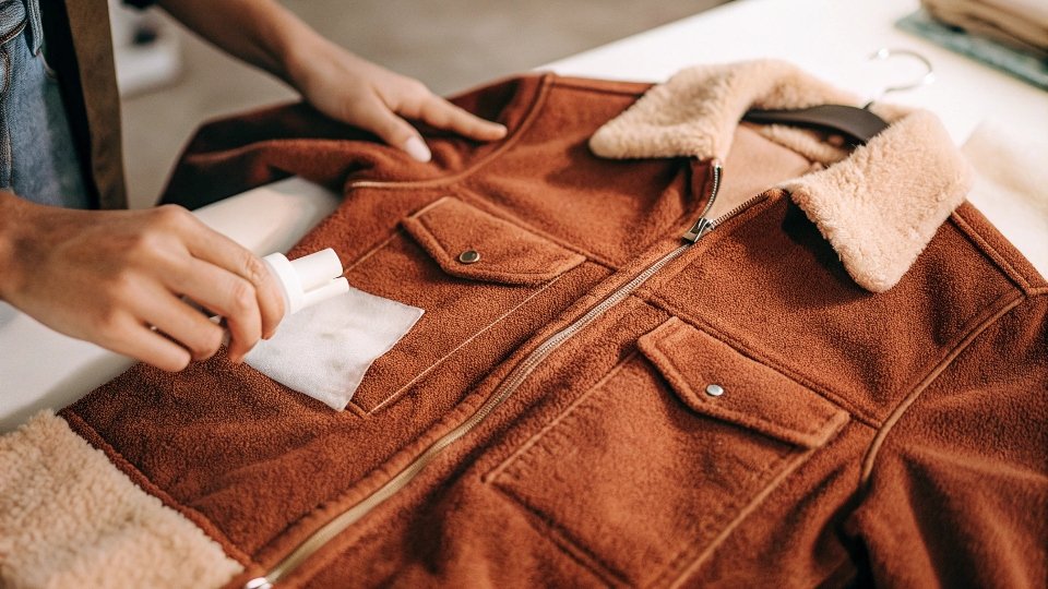 A person gently dabbing a stain on a sherpa jacket with a cloth