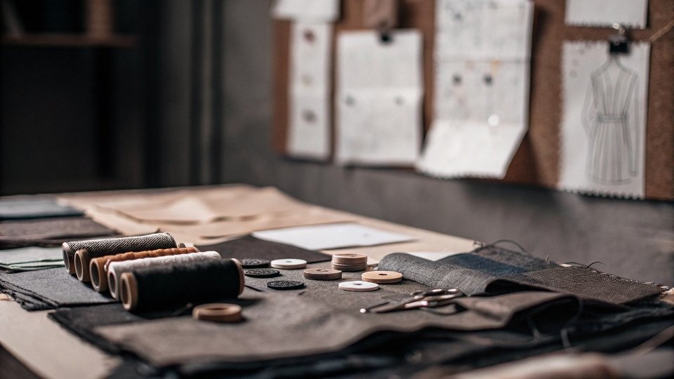 A designer's table covered with denim swatches, thread samples, buttons, and sketches