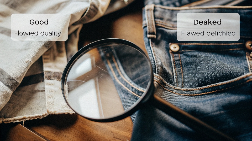 A magnifying glass over the fabric of Uniqlo jeans, showing both good and flawed details