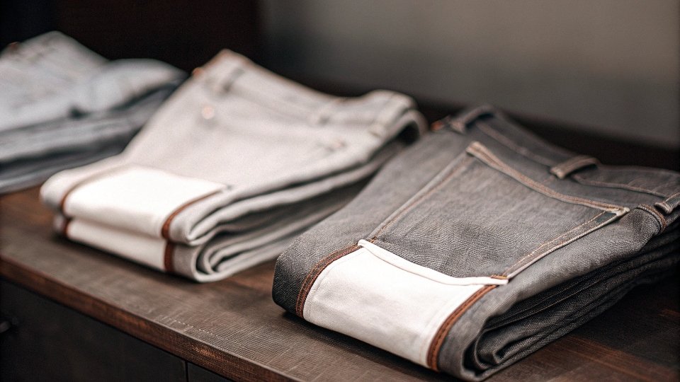 A pair of Uniqlo selvedge jeans neatly folded on a wooden surface