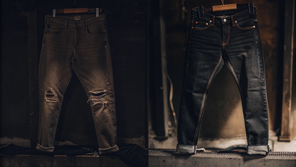 A split image showing a classic Uniqlo selvedge jean on one side and a trendy, ripped H&M jean on the other
