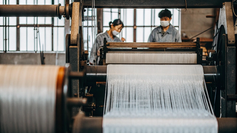 An image of the Kaihara denim mill in Japan, showing looms or dyeing vats
