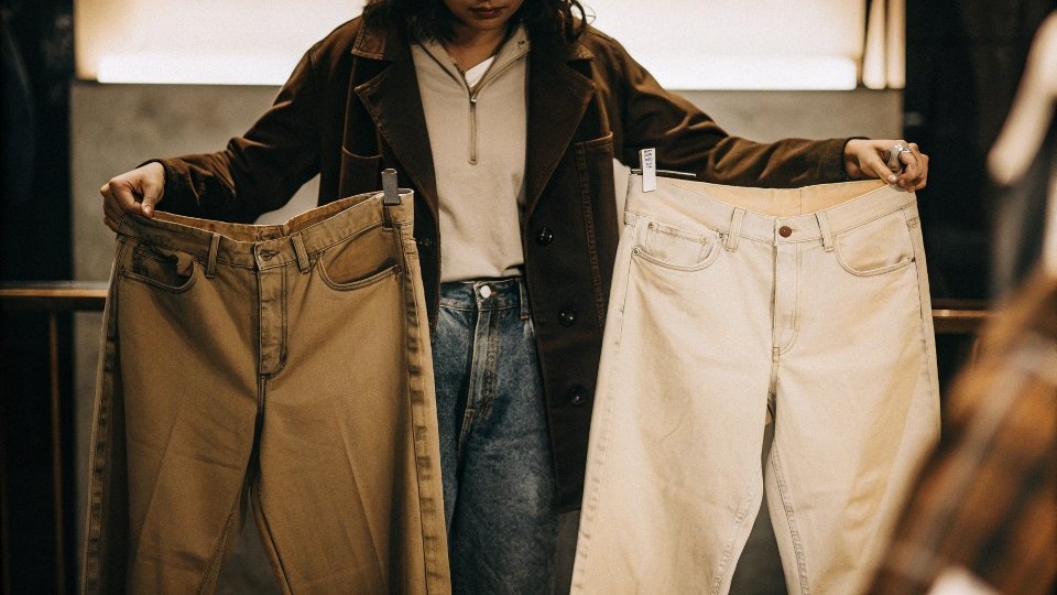 A person looking confused while holding two pairs of Uniqlo jeans with the same size tag