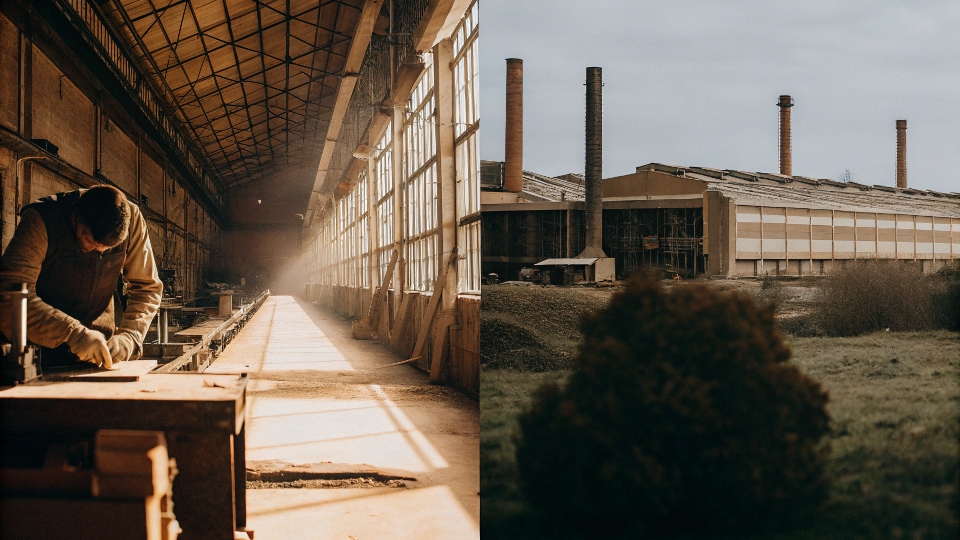A massive, sprawling factory complex contrasted with a smaller, more focused workshop