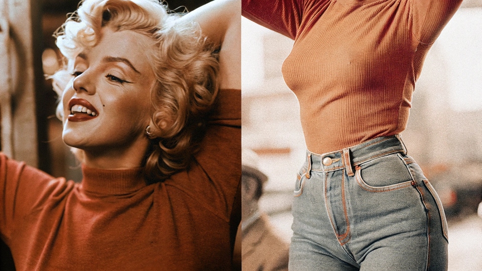 A classic black and white photo of Marilyn Monroe wearing high-waisted denim jeans