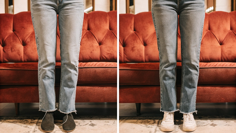 A timeline image showing a single pair of jeans from new and dark to beautifully faded and worn after several years