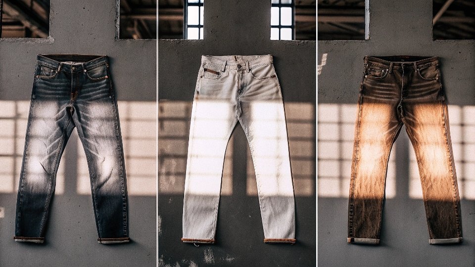 A timeline image showing a pair of jeans from new to 1 year, 5 years, and 10 years of fading and wear
