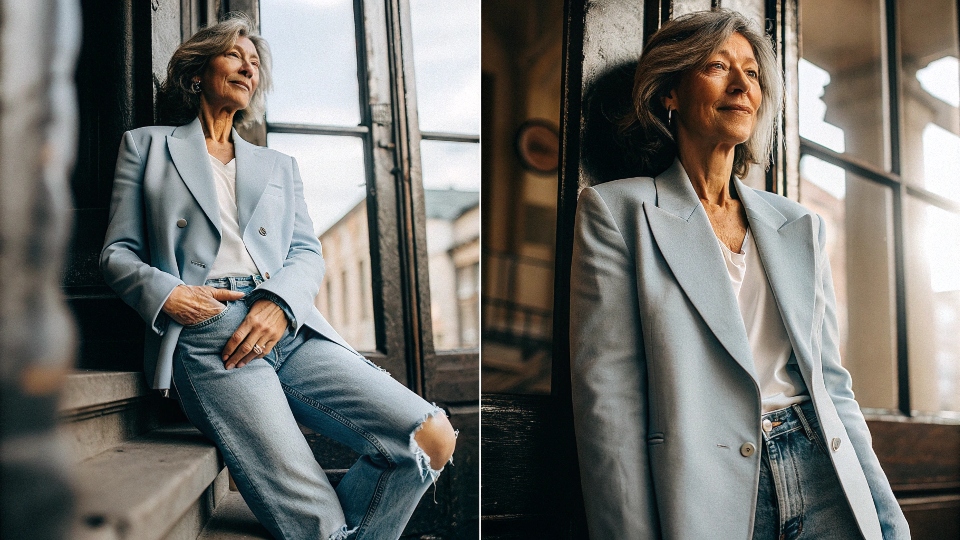 Age-Appropriate Distressed Denim A mature woman wearing slightly distressed jeans with a tailored blazer