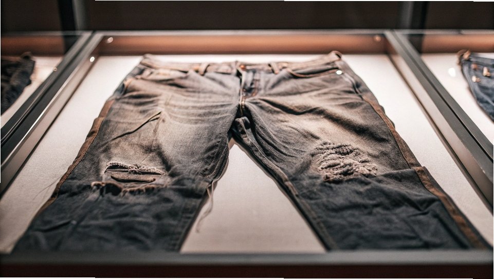 A photo of an extremely old, worn, and faded pair of Levi's jeans preserved in a museum-style display case