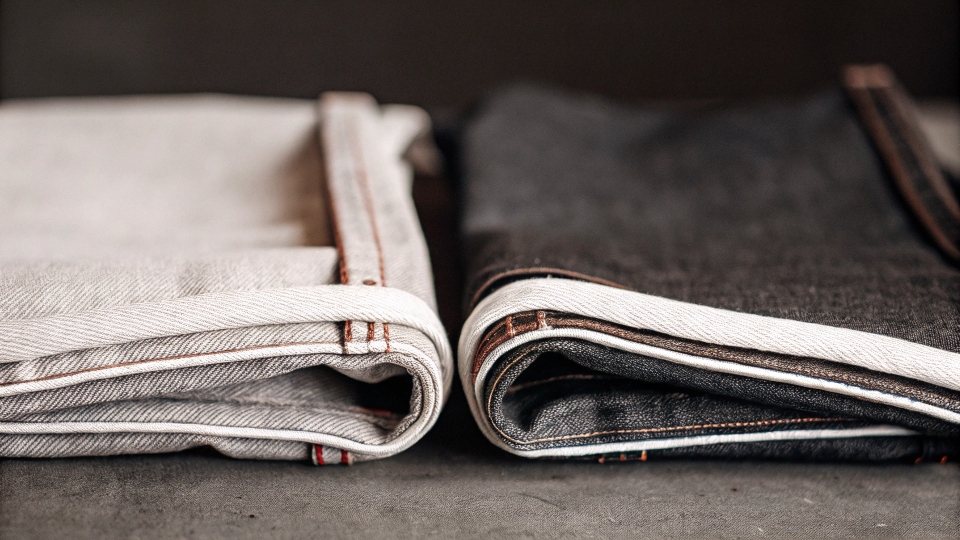 A pair of stiff, raw 100% cotton selvedge jeans folded neatly
