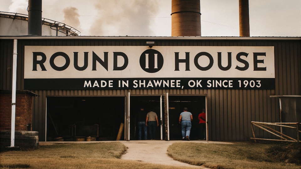 A shot of the Round House factory building with a "Made in Shawnee, OK" sign