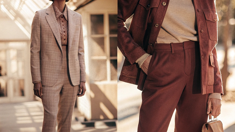 A professionally styled outfit from Banana Republic next to a casual, everyday outfit from Gap