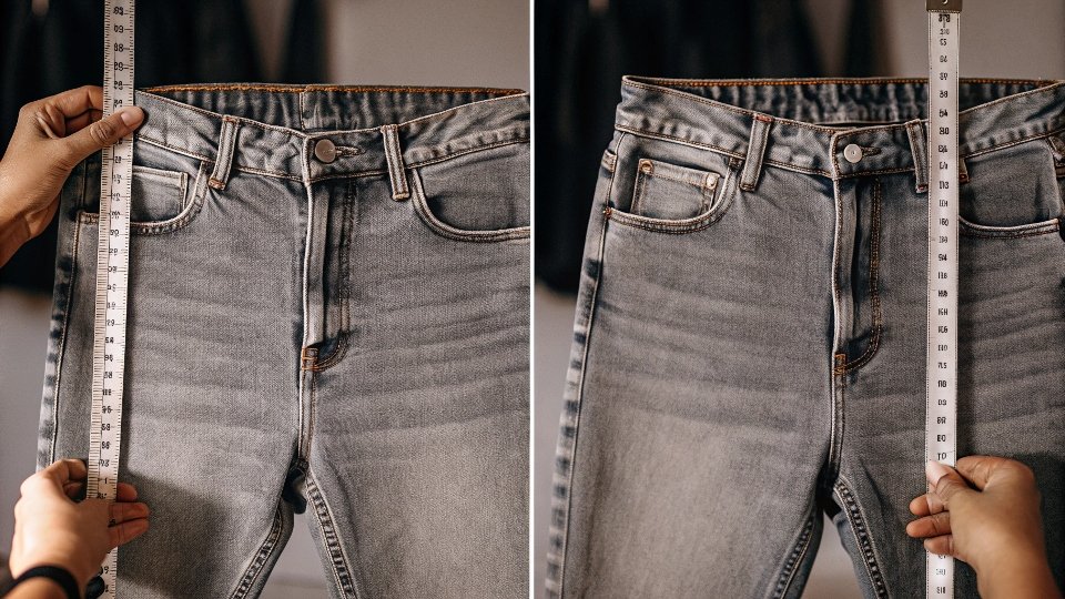A pair of H&M jeans held up against a tape measure, showing they have shrunk in length