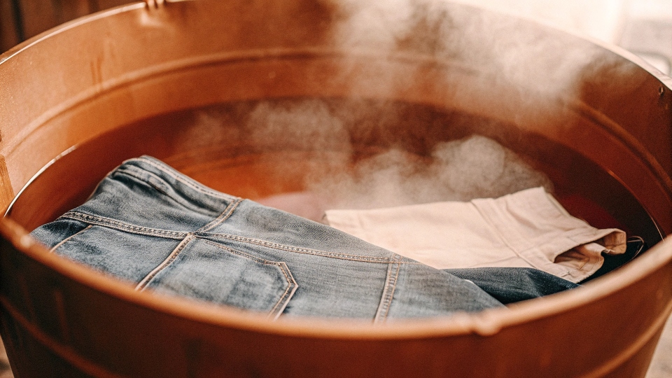 Steam rising from a bucket of hot water with jeans inside