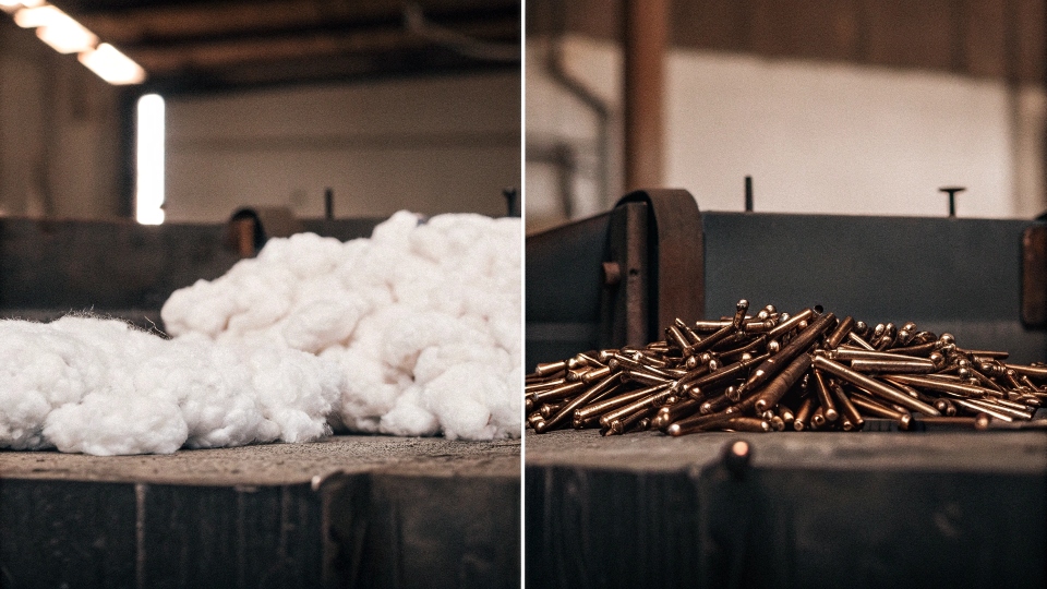 A side-by-side comparison showing piles of raw materials: [long-staple cotton](https://diznewjeans.com/do-designer-jeans-last-longer-than-regular-jeans/)[^5] vs standard cotton, copper rivets vs aluminum