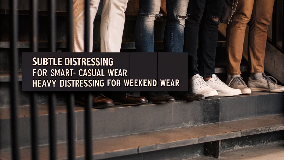 A diagram showing a spectrum from subtle distressing for smart-casual to heavy distressing for weekend wear