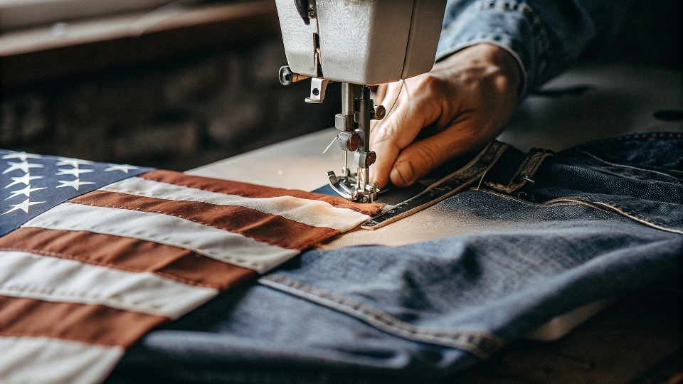 An American flag draped over a sewing machine that is stitching a pair of raw denim jeans