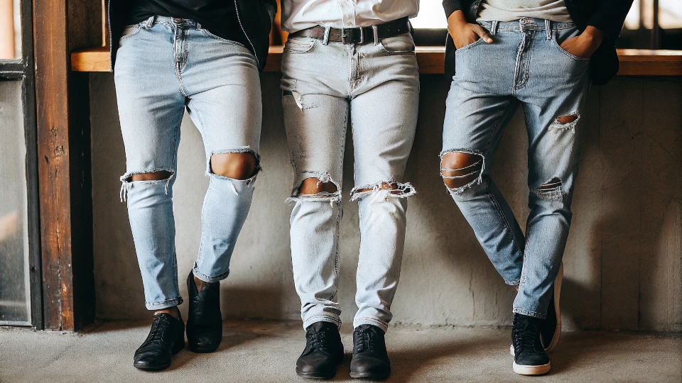 Three people standing in a row, each wearing a different style of ripped jeans: one with subtle fraying, one with knee holes, and one with heavy destruction