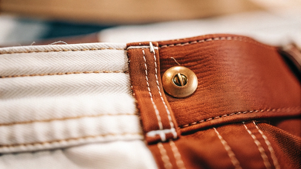 A close-up shot of the iconic Levi's construction details: a copper rivet and the Arcuate stitching