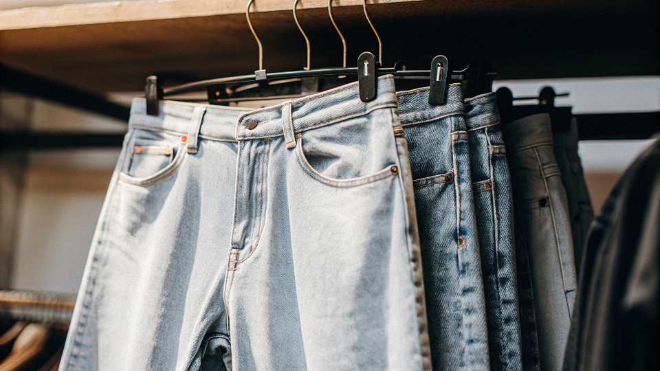 A pair of clean, solid-colored dark wash jeans hanging neatly