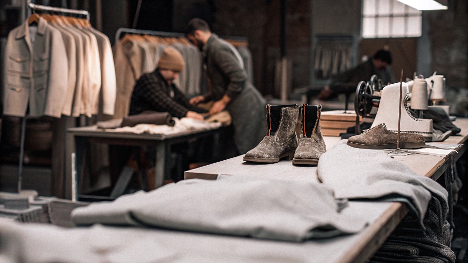A workshop in the USA showing various garments being made, including jackets, shirts, and boots