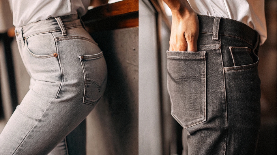 A side-by-side photo showing the shallow front pocket of a woman's jean versus the deep pocket of a man's jean