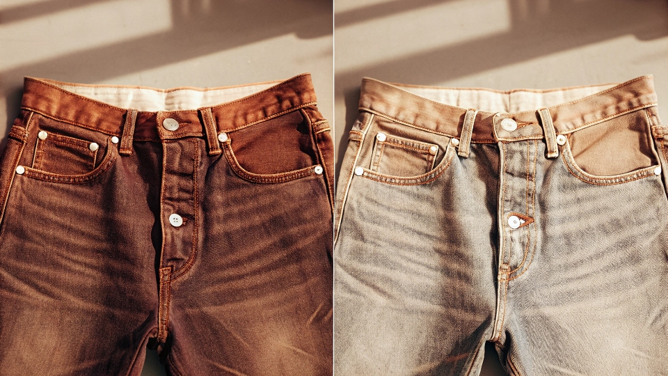 A split image showing the right-over-left button fly of a men's jean and the left-over-right of a women's jean