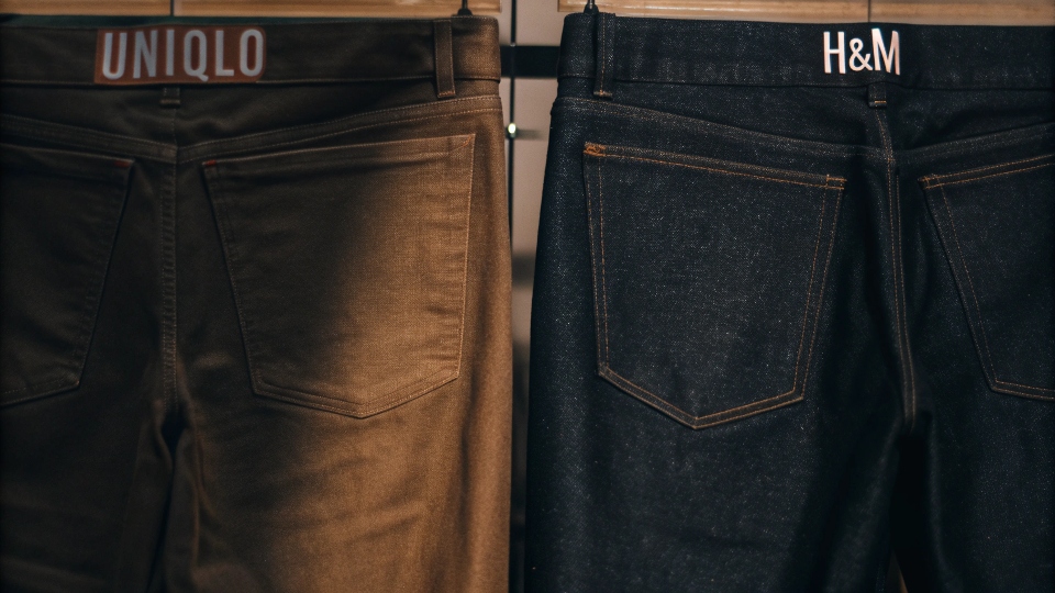 A close-up comparison of the stitching and zipper on a Uniqlo jean versus an H&M jean
