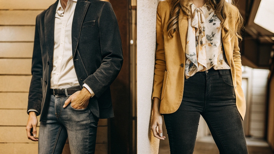 A stylish man and woman both confidently wearing different combinations of blazers and jeans