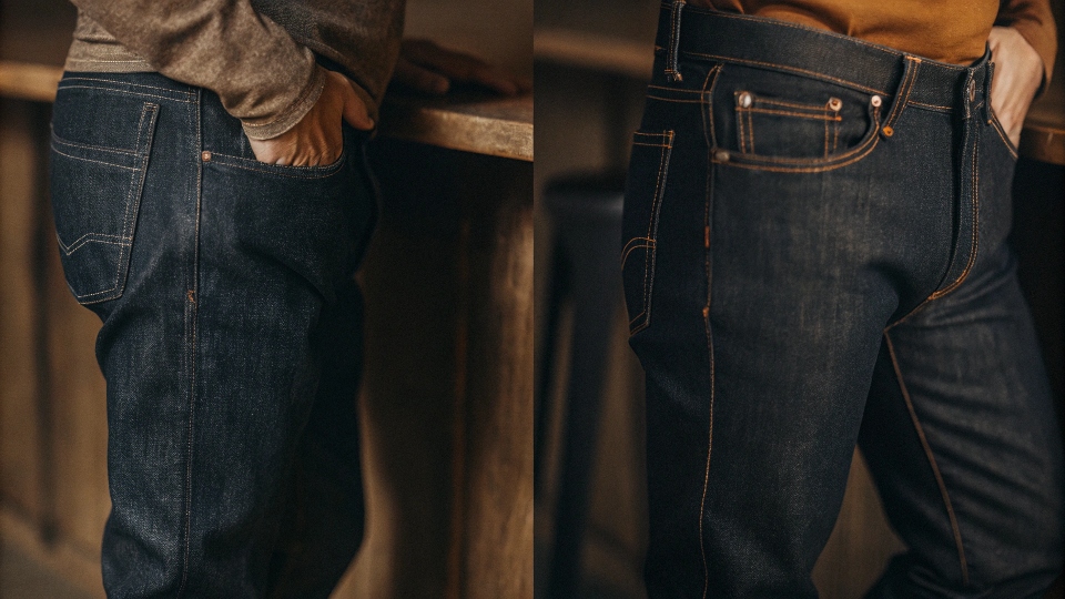 A side-by-side comparison of the stitching and hardware on a cheap pair versus an expensive pair of jeans