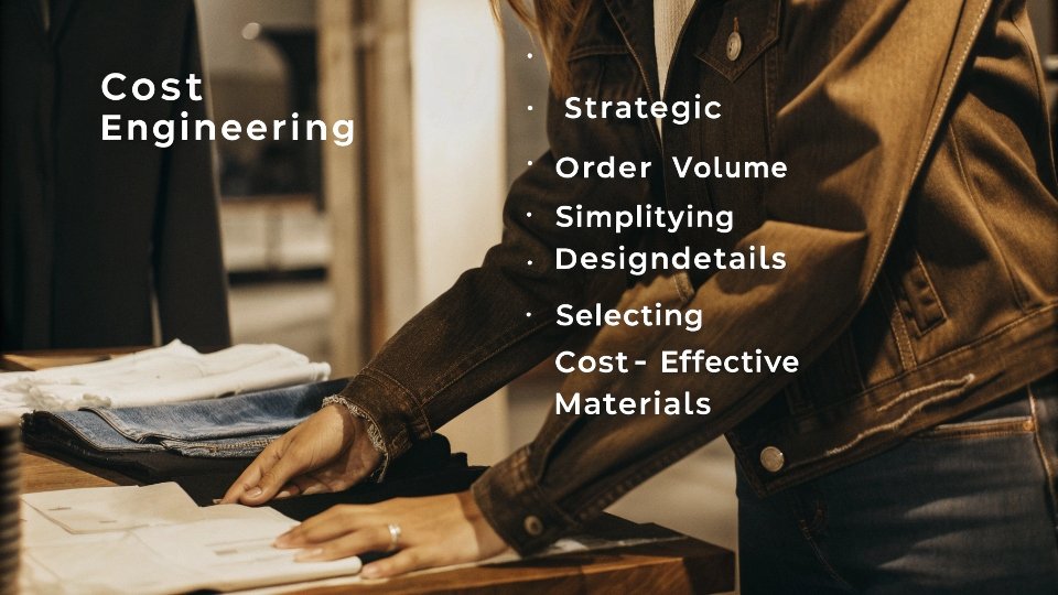 An infographic showing how to balance cost and quality by adjusting order quantity, fabric, and design details