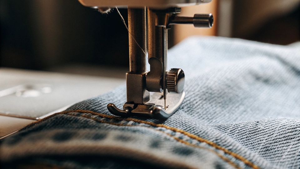 Close-up of a [sewing machine](https://www.hydeparkdenim.com/sewing-with-denim-at-home) needle going through thick denim fabric