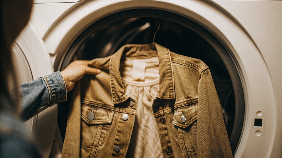 A denim jacket being placed carefully into the drum of a front-loading washing machine