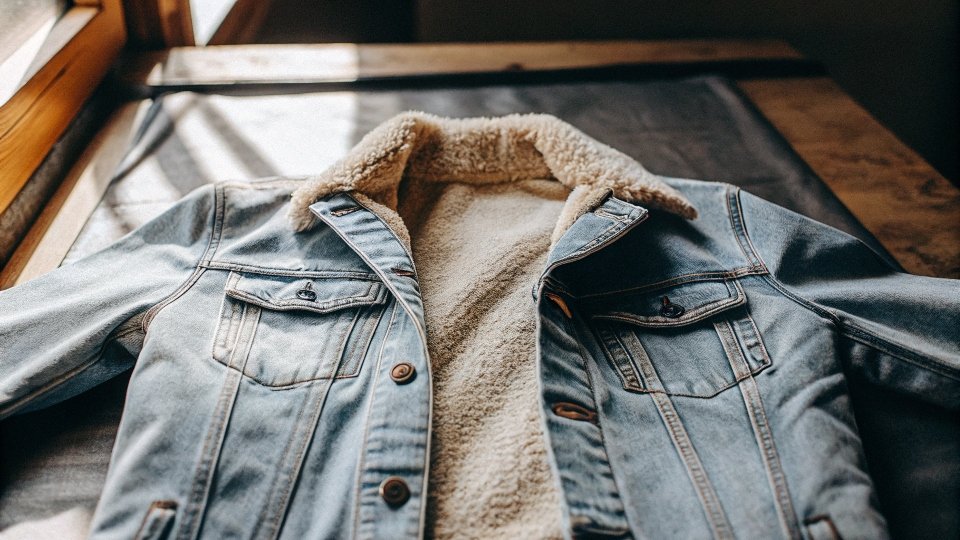 A denim jacket turned completely inside out, with the fluffy white sherpa lining fully exposed