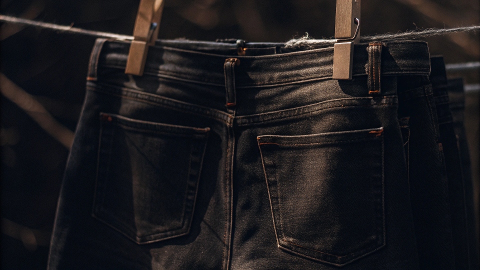A pair of Zara jeans hanging on a clothesline to air dry, with a focus on a care instruction tag