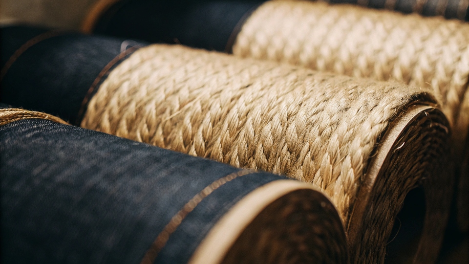 A close-up macro shot of dark indigo denim fibers, showing the texture and color
