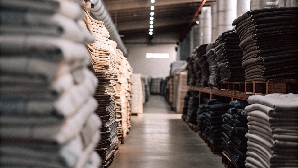 An organized warehouse aisle filled with stacks of wholesale men's jeans ready for shipping