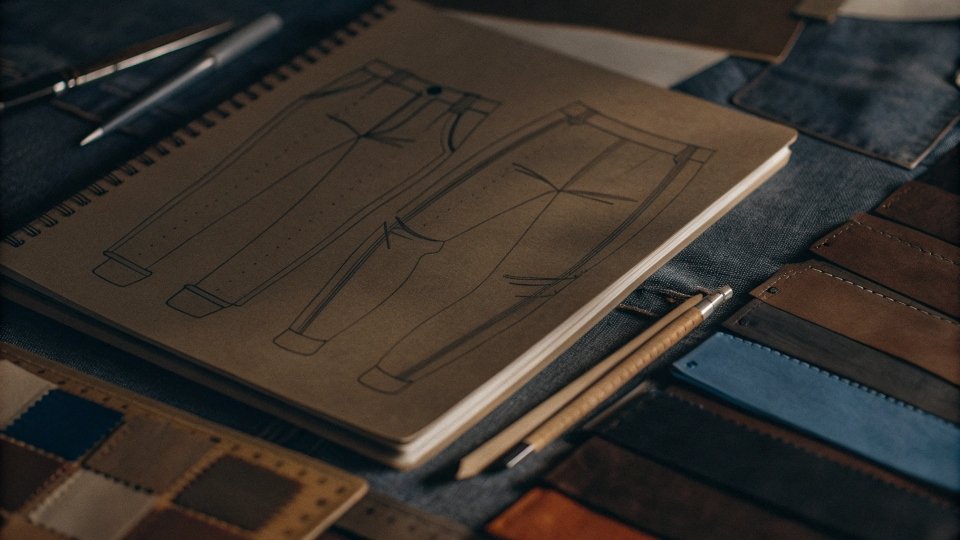A notebook with jeans sketches, beside swatches of denim fabric and color cards