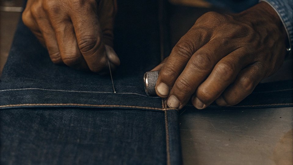 A pair of hands meticulously hand-stitching a long denim seam with a needle and thimble