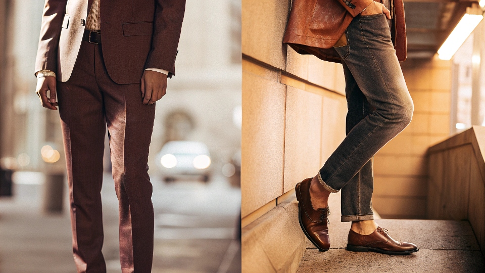 A split image showing a person in a formal suit on one side and a person in smart-casual dark [jeans](https://diznewjeans.com/are-baggy-jeans-business-casual/)[^1] and a blazer on the other