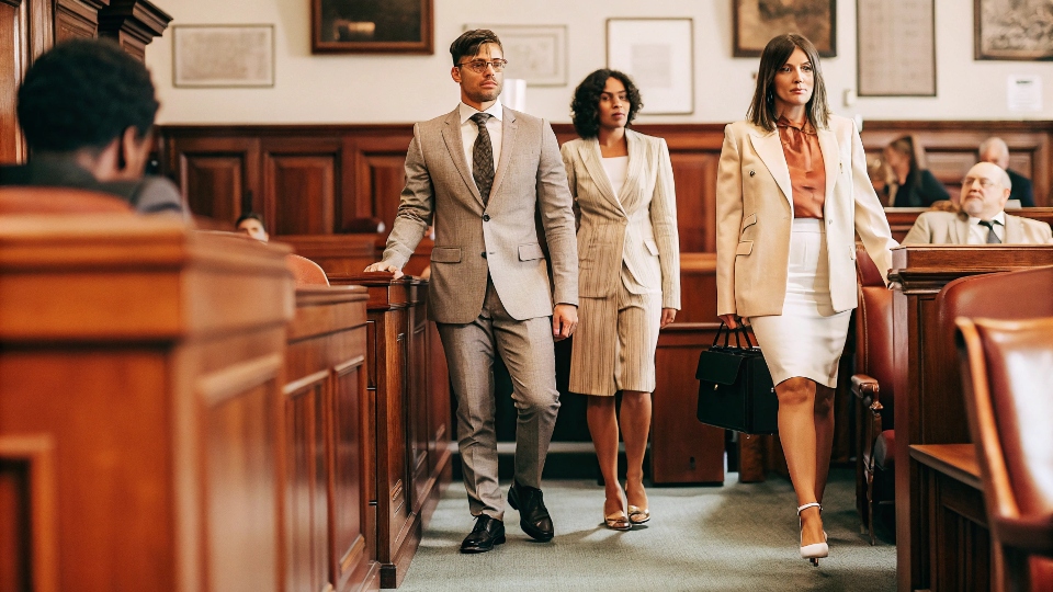 A formal and traditional office setting, like a law firm or a bank, where employees are dressed in suits