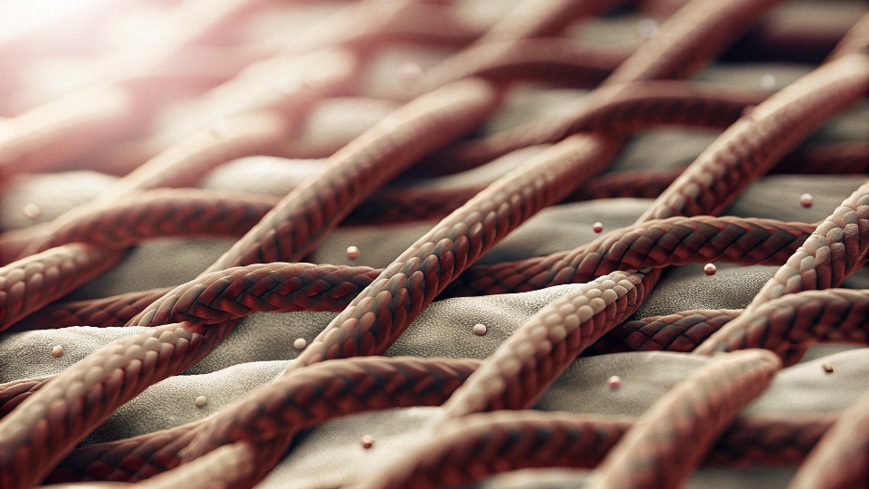 A microscopic view showing bacteria trapped within the weave of denim fabric